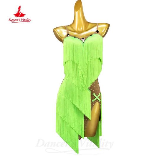 Latin Dance Performance Costumes Customized Light Luxury AB Stones Irregular Tassel Dress Adult and Children's Practice Clothes