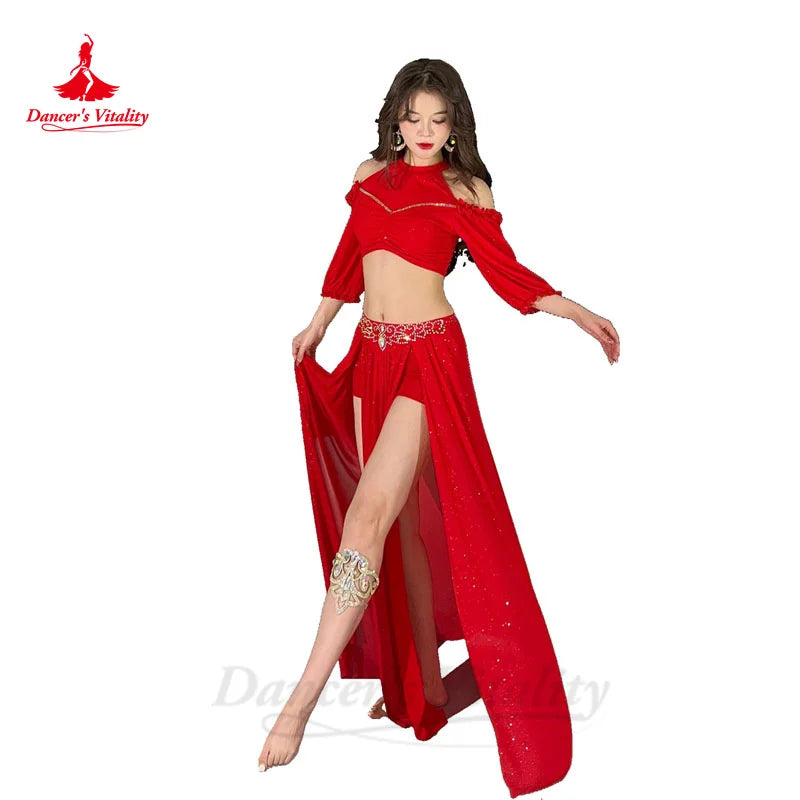 Belly Dance Costume Set for Women Gauze Half Sleeves Top+senior AB Stones Split Skirt 2pcs Adult Oriental Bellydance Outfit