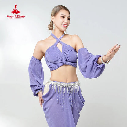 Belly Dance Performance Suit for Women Oriental Sleeveless Top+gloves+skirt 4pcs Girl's Belly Dancing Professional Clothing Set