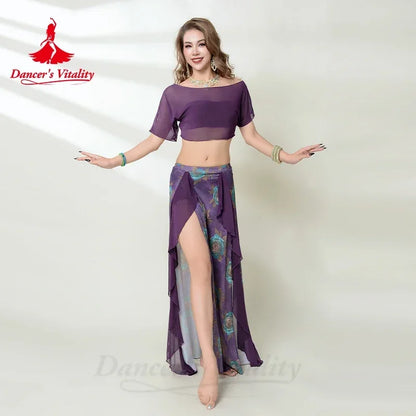 Belly Dance Costume Set for Women Gauze Short Sleeves Top+printing Long Skirt 2pcs Adult Belly Dancing Outfit