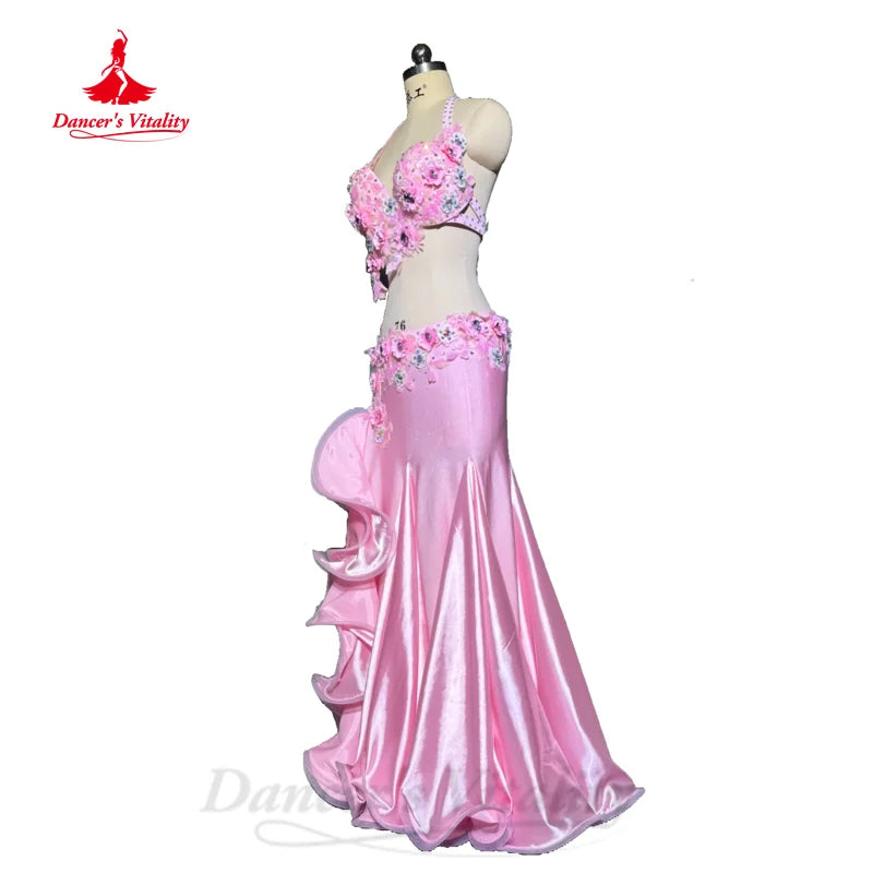 Belly Dancing Outfit Women Customized Exquisite Flowers Bra+Sexy Satin Split Long Skirt 2pcs Oriental Dance Performance Clothing