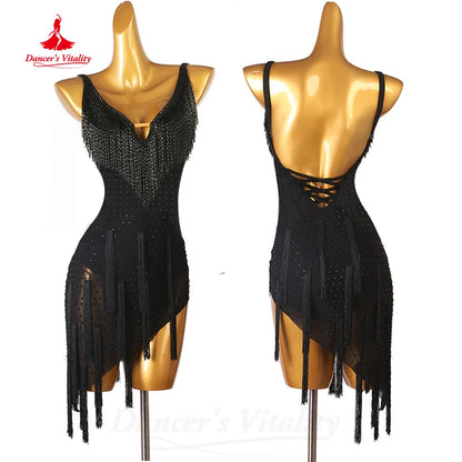 Latin Dance Tassel Dress Customized Senior AB Stones Sexy Backless Skirt Adult Children Tango Chacha Samba Performance Costume