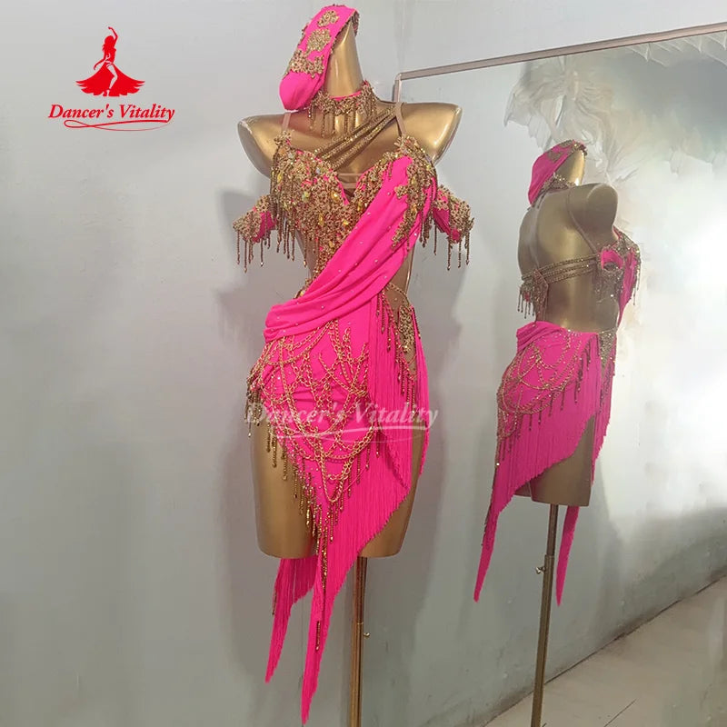 Latin Dance Performance Dresses Adult and Child Customized Senior AB Stones Tassel Dress Tango ChaCha Samba Competition Clothing