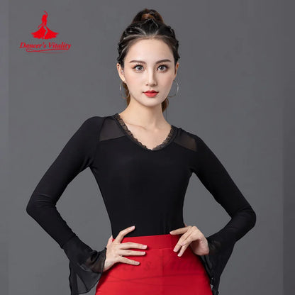 Latin Dance Practice Clothes Women's Customized Black Slimming Flare Sleeve Top Tango Chacha Professional Performance Clothing