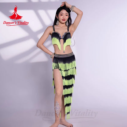 Belly Dance Performance Costume Set for Women Senior Bra+2 Sleeves+long Skirt 3pcs Custom Oriental Belly Dancing Wear Outfit