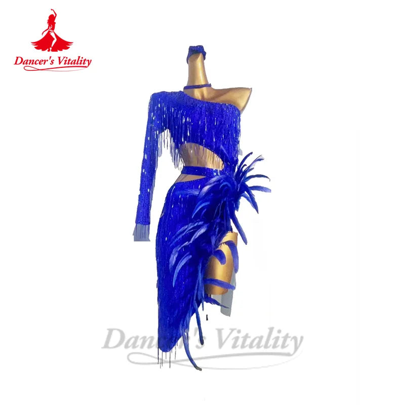 Latin Dance Performance Dress for Women Single Sleeves AB Stones Rumba Chacha Competiton Costume Adult Child Latin Tassel Skirt