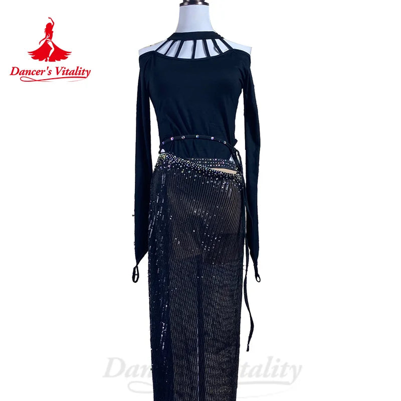 BellyDance Costume Customized Long Sleeved Pure Cotton Top+Rhinestone Sequin Long Skirt 2pcs Oriental Dance Performance Costumes