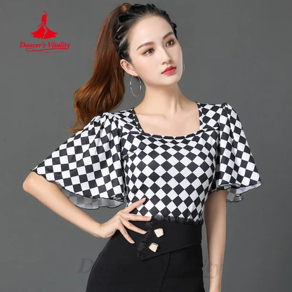 Latin Dance Practice Costumes Customized Horn Sleeves Half Sleeves Black and White Plaid Top Tango Chacha Performance Clothing