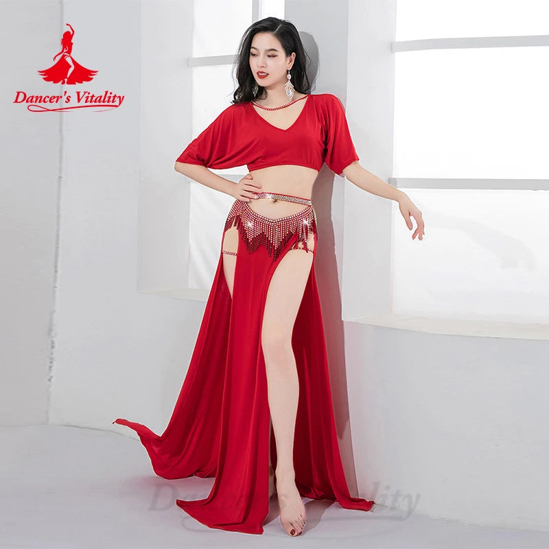 Bellydance Costume Set Customized Short Sleeved Vneck Top+Sexy Split Long Skirt 2pcs Women's Oriental Dance Performance Clothing