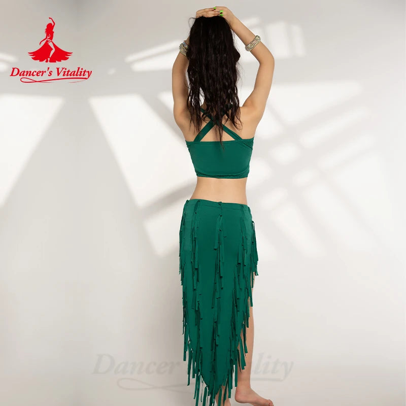 Belly Dance Costume Suit for Women Cotton Top+tassel Skirt 2pcs Oriental Belly Dancing Performance Professional Costumes Set