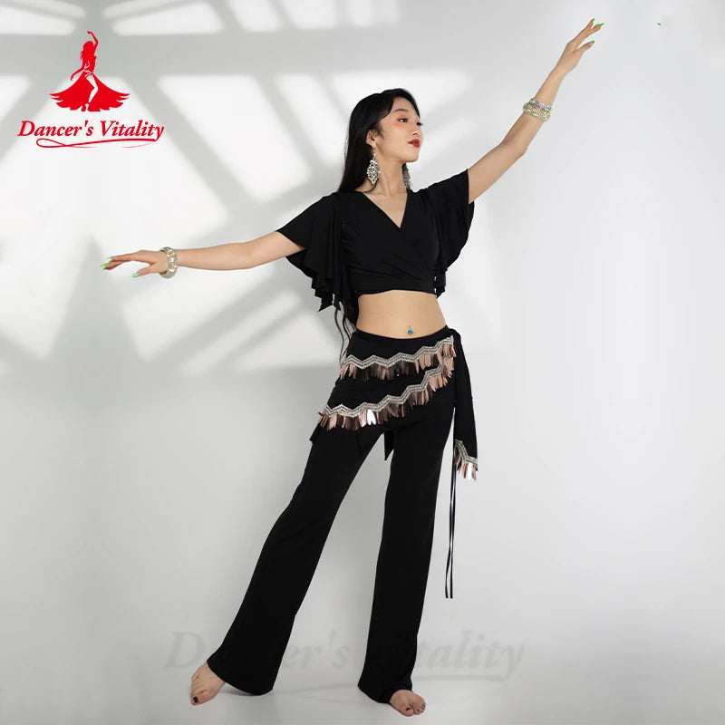 Belly Dance Costume Set for Women Short Sleeves Top+cotton Split Trouses 2pcs Oriental Belly Dancing Professional Outfit