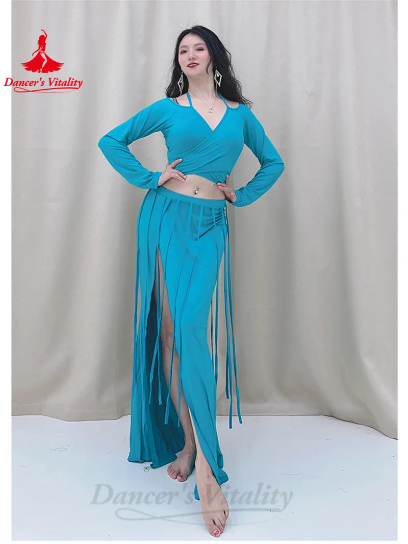 Belly Dance Costume Set for Women Long Sleeves Top+tassel Long Skirt 2pcs Oriental Belly Dancing Practice Clothes Set