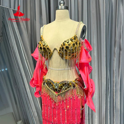 BellyDance Clothing Women Customized Luxury AB Stones Bra+Sexy Split Fringe Skirt 2pcs Oriental Belly Dancing Performance Outfit