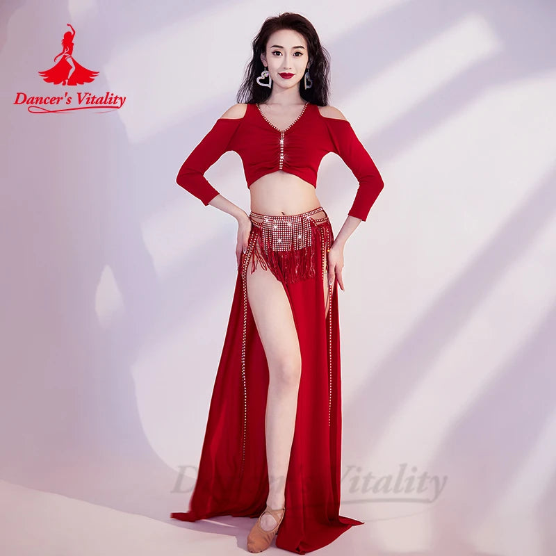 Belly Dance Costume Set for Women Long Sleeves Top+tassel Long Skirt 2pcs Stones Training Suit Oriental Belly Dancing Outfit