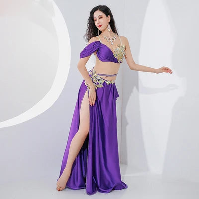 Belly Dance Suit Diamond-Studded Sling Bra Split Big Swing Skirt Performance Clothes Set Oriental Dancing Competition Clothing