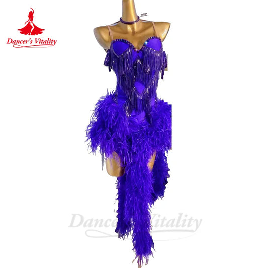 Latin Dance Competition Dress for Women Feather Rumba Chacha Tango Performance Professional Clothing Adult Child Latin Dresses