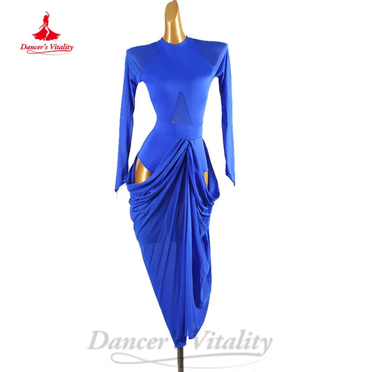 Latin Dance Practice Clothing Adult Children Customized Sheer Long Sleeved Dress Chacha Samba Professional Performance Costumes