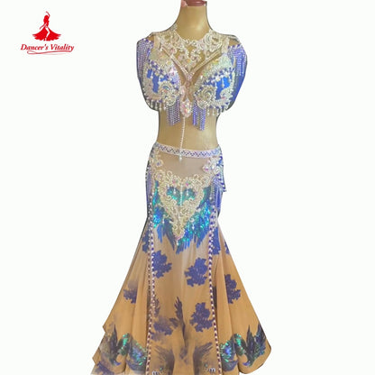 Belly Dance Performance Suit for Women Children Customzied Bra+long Skirt 2pcs Oriental Belly Dancing Competiton Solo Outfit