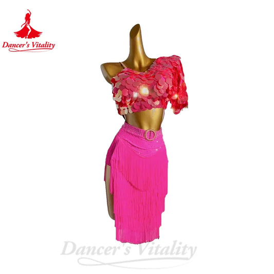 Latin Dance Performance Dress for Women Sequins Bra Top+tassel Skirt 2pcs Chacha Tango Skirt Custom Adult Child Latin Dresses