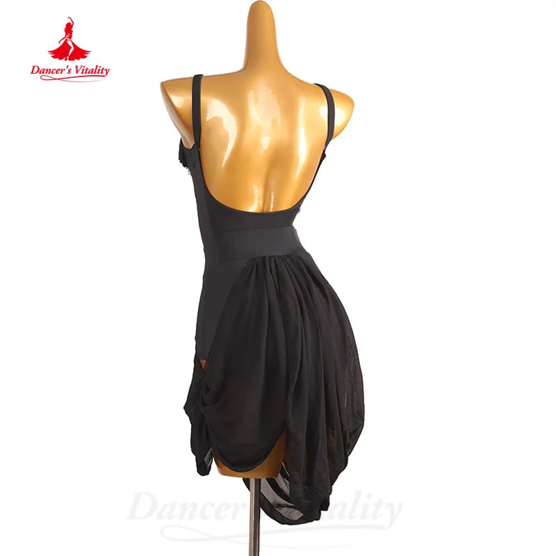 Latin Dance Practice Costumes Customized Black Sexy Backless Dress Women Tango Chacha Samba Professional Competition Dresses