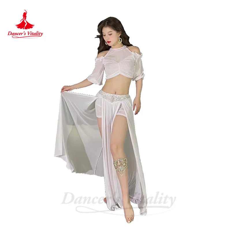 Belly Dance Costume Set for Women Gauze Half Sleeves Top+senior AB Stones Split Skirt 2pcs Adult Oriental Bellydance Outfit