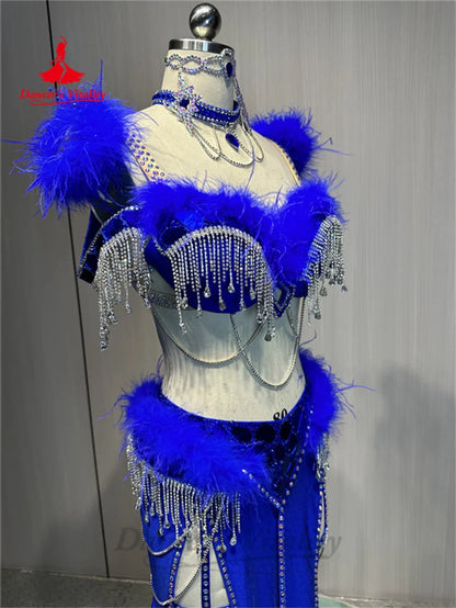 Belly Dance Costume Suit  Customized Feathers Tassels Bra+diamond Long Skirt Oriental Dance Professional High End Dance Skirt