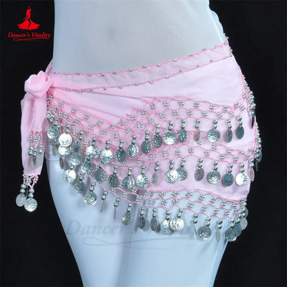 Belly Dance Belt for Women Chiffon Gold Coines Oriental Dancing Wear Accessies Girl's Chiffon Silver Coines Bellydance Hip Scarf