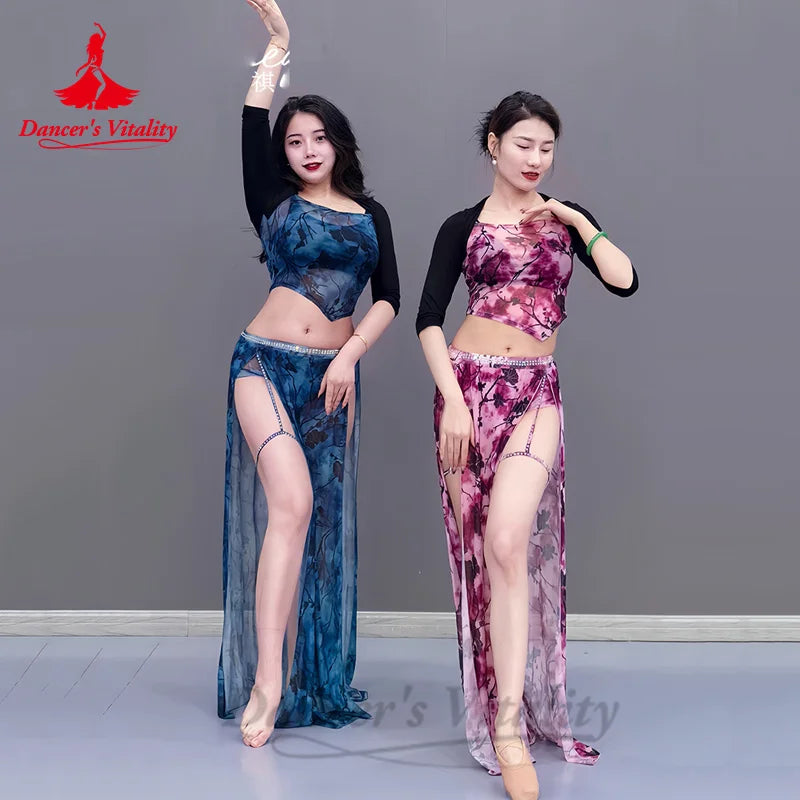 Belly Dance Costume Set for Women Modal Sleeves Top+printing Long Skirt 2pcs Oriental Belly Dancing Practice Clothes Set