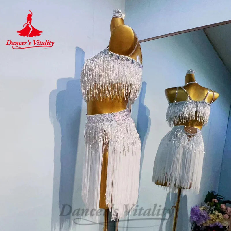 Latin Dance Costumes Set Customized Light Luxury Hot Diamond Top+Tassel Short Skirt 2pcs Tango Chacha Rumba Performance Costume