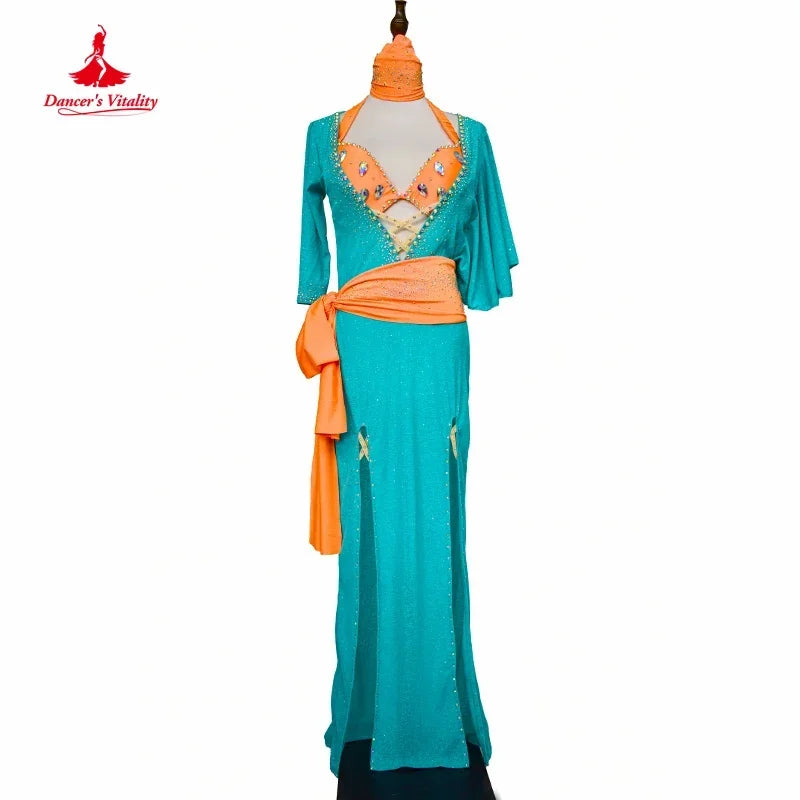 Belly Dance Performance Costume Suit for Women Custom Robe+bra+belt+hip Scarf 4pcs Adult Child Baladi Shaabi Competiton Suit