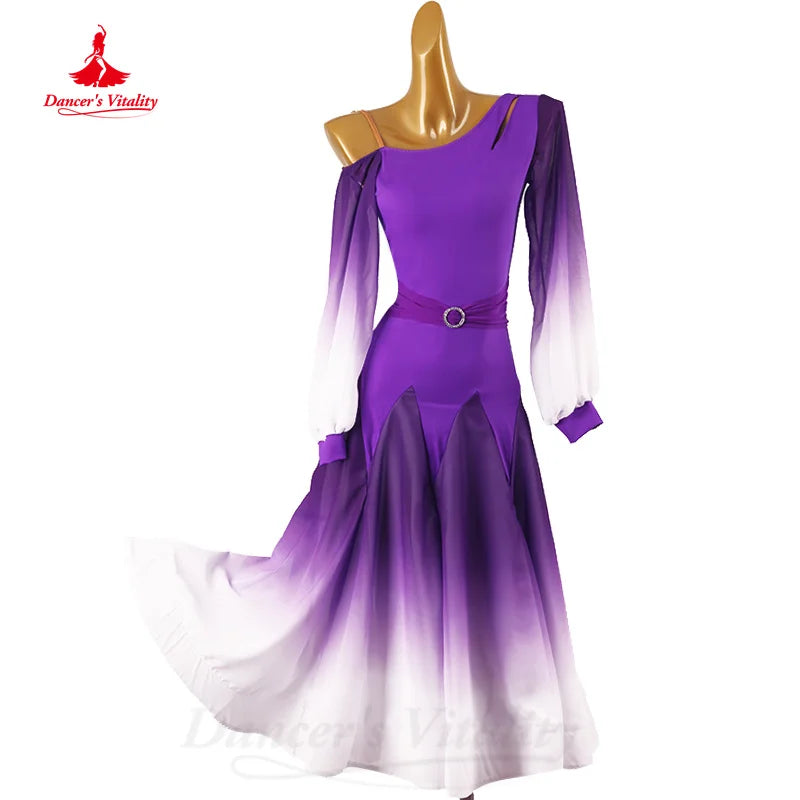 Ballroom Dance Competition Dresses Customized Elegant Long Sleeved Gradient Dress Tango Waltz Modern Dancing Performance Costume