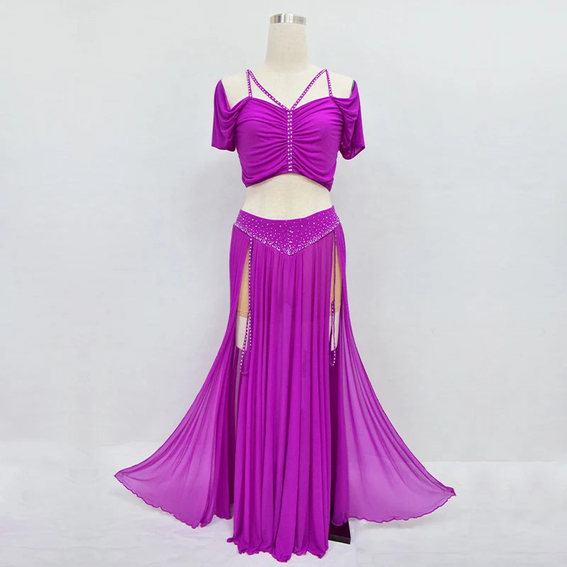 Belly Dance Professional Suit for Women Mesh Short Sleeves Top+sexy Split Long Skirt 2pcs Girl's Oriental Belly Dancing Suit