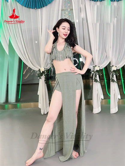 Belly Dance  Performance Set for Women Senior AB Stones Top+long Skirt 2pcs Training Costume Girl Oriental Belly Dancing Outfit