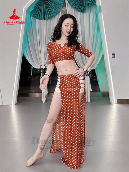 Belly Dance Suit for Women Short Sleeves Top+split Long Skirt 2pcs Polka Dot Training Suit Adult Oriental Belly Dancing Outfit