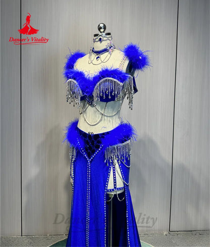 Belly Dance Costume Suit  Customized Feathers Tassels Bra+diamond Long Skirt Oriental Dance Professional High End Dance Skirt