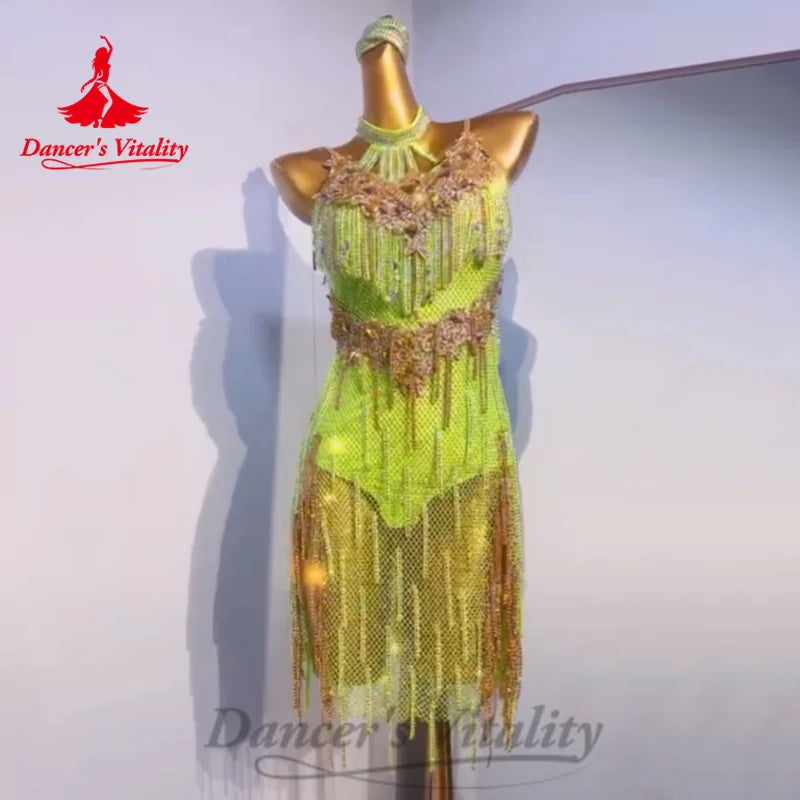 Latin Dance Costumes Senior Diamond Backless Tassel Dress Customized Women's Tango Chacha Samba Speciality Performance Costumes