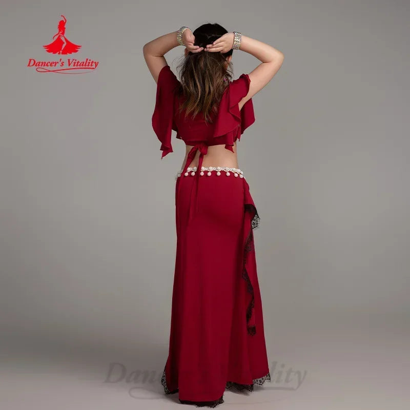 BellyDance Practice Clothes for Kid V-neck Short Sleeved Top+Lace Long Skirt 2pcs Girls Oriental Dance Training Clothing