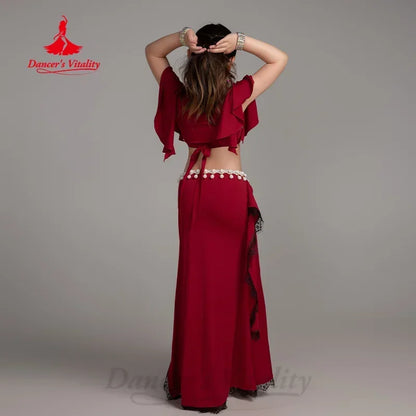 BellyDance Practice Clothes for Kid V-neck Short Sleeved Top+Lace Long Skirt 2pcs Girls Oriental Dance Training Clothing