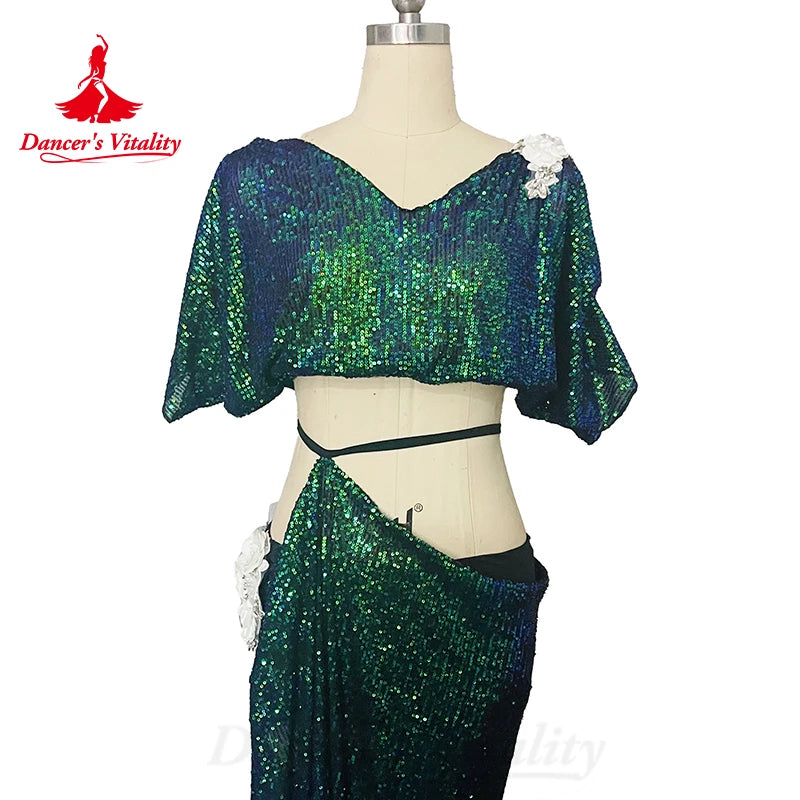 Belly Dance Costume Suit Women's Customized V Neck Short Sleeved Top+Split Long Skirt 2ps Oriental Dance Performance Costumes