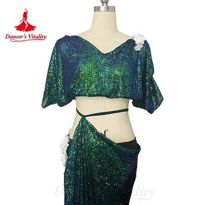 Belly Dance Costume Suit Women's Customized V Neck Short Sleeved Top+Split Long Skirt 2ps Oriental Dance Performance Costumes