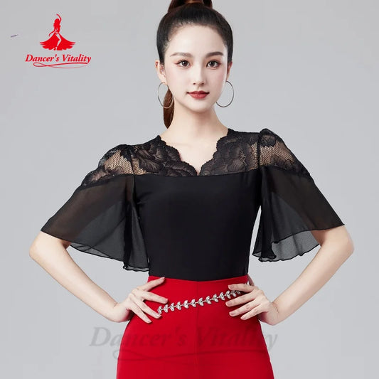 Latin Dancing Modern Dance Costumes Customization Black Sexy Lace Flared Sleeve Top Adult Tango ChaCha Samba Practice Clothes