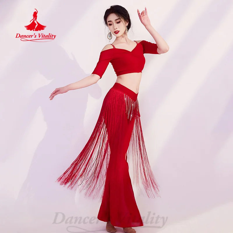 BellyDance Practice Set Women's Customized Half Sleeved V-neck Top+Tassel Split Pants 2pcs Oriental Dance Performance Clothing