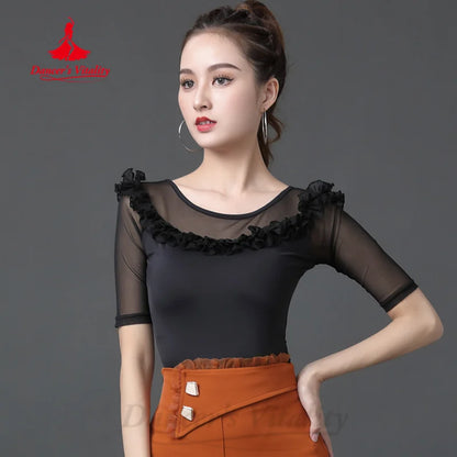 Modern Dancing Practice Clothes Customized Comfortable and Breathable Half Sleeved Top Women Latin Dance Tango Chacha Clothing