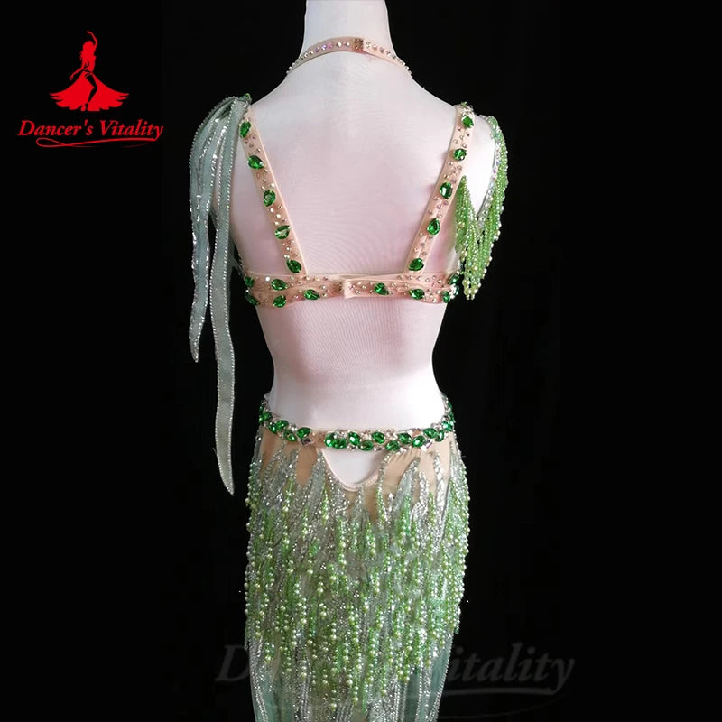 Bellydance Costumes Women's  Sets Diamonds Bra+sexy Pearl Tassels Long Skirt Oriental Dance Professional Performance Clothing