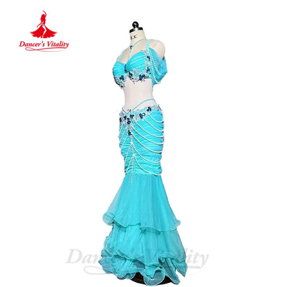 BellyDance Set Women's Customized Luxury Rhinestone Bra+Exquisite Pearl Fishtail Skirt 2pcs Oriental Dance Performance Clothing