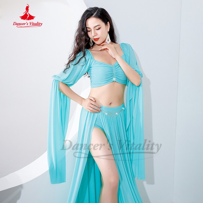 Belly Dance Costume Women Gauze Long Sleeves Top+sexy Split Long Skirt 2pcs Oriental Training Suit Girl's Belly Dancing Outfit