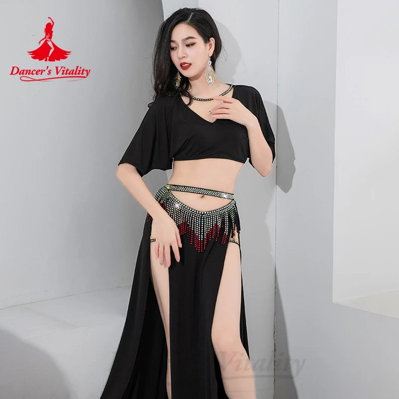 Bellydance Costume Set Customized Short Sleeved Vneck Top+Sexy Split Long Skirt 2pcs Women's Oriental Dance Performance Clothing