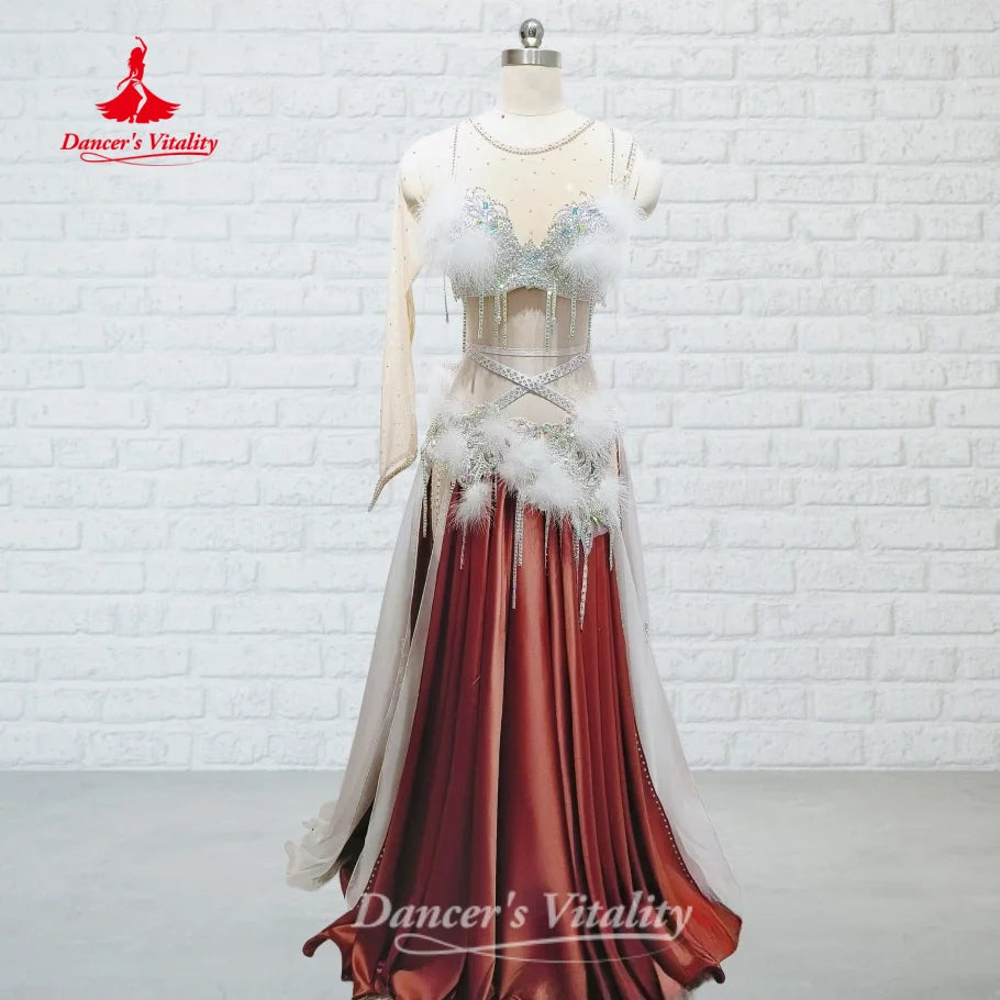 BellyDance Suit for Women Customized  AB Stones Feather Performance Costume Oriental Dance Competition Clothing Dance's Vitality