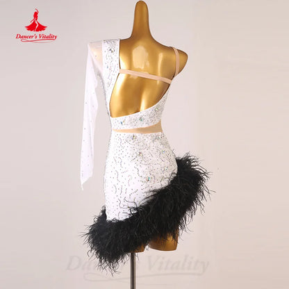 Latin Dance Performance Costumes Women Customization Sexy Senior AB Stones Feather Dress Tango Chacha Samba Competition Dresses