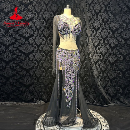 Bellydance Costume Senior AB Stones Bra+cotton Yarn Long Skirt 2pcs for Women Customzied Oriental Belly Dancing Wear Suit